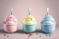 Generative AI. A group of three cups filled with different types of ice cream and toppings on top of each cup