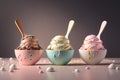 Generative AI. A group of three cups filled with different types of ice cream and toppings on top of each cup