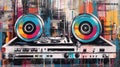 Generative AI, Grunge vinyl recorder, vintage turntable player, pop art graffiti