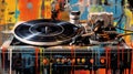 Generative AI, Grunge vinyl recorder, vintage turntable player, pop art graffiti