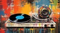 Generative AI, Grunge vinyl recorder, vintage turntable player, pop art graffiti