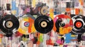 Generative AI, Grunge Vinyl Records, pop art graffiti, vibrant color. Ink melted paint street art on age