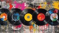 Generative AI, Grunge Vinyl Records, pop art graffiti, vibrant color. Ink melted paint street art on age