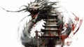 Generative AI, Guardian of the Tower: Majestic Chinese Dragon in Watercolor