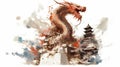 Generative AI, Guardian of the Tower: Majestic Chinese Dragon in Watercolor