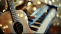 Generative AI Guitar and piano keys closeup on a blurred background with bokeh business concept. Royalty Free Stock Photo