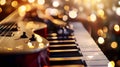 Generative AI Guitar and piano keys closeup on a blurred background with bokeh business concept. Royalty Free Stock Photo