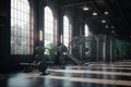 Generative AI, Gym interior with equipment, big windows and plants modern photorealistic illustration. Sport, fitness, healthy Royalty Free Stock Photo