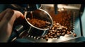 Generative AI Hand holds a metal filter holder with grinded coffee beans in a coffee machine closeup making espres