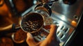 Generative AI Hand holds a metal filter holder with grinded coffee beans in a coffee machine closeup making espres