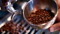 Generative AI Hand holds a metal filter holder with grinded coffee beans in a coffee machine closeup making espres