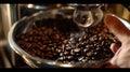 Generative AI Hand holds a metal filter holder with grinded coffee beans in a coffee machine closeup making espres