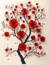 Generative AI. Handcrafted 3D Paper Red Camellias and Black Branches Artwork on a Cream
