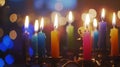 Generative AI Hanukkah menorah or hanukkiah with colored candles is out of focus Jewish holiday Hanukkah backgroun