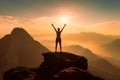 Generative AI Happy celebrating winning success woman at sunset or sunrise standing elated with arms raised up Royalty Free Stock Photo