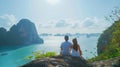 Generative AI Happy couple traveler enjoy Phang Nga bay view point Tourists relaxing at Samet Nang She near Phuket