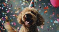 Generative AI Happy cute labradoodle dog wearing a party hat celebrating at a birthday party, surrounding by falli