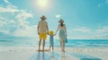 Generative AI Happy family on the beach People having fun on summer vacation Father mother and child against blue Royalty Free Stock Photo