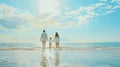 Generative AI Happy family on the beach People having fun on summer vacation Father mother and child against blue Royalty Free Stock Photo