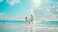 Generative AI Happy family on the beach People having fun on summer vacation Father mother and child against blue Royalty Free Stock Photo