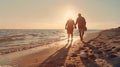 Generative AI Happy senior man and woman old retired couple walking and holding hands on a beach at sunset s3niorl Royalty Free Stock Photo