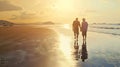 Generative AI Happy senior man and woman old retired couple walking and holding hands on a beach at sunset s3niorl Royalty Free Stock Photo