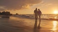 Generative AI Happy senior man and woman old retired couple walking and holding hands on a beach at sunset s3niorl Royalty Free Stock Photo