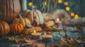 Generative AI Happy Thanksgiving Day background wooden table decorated with Pumpkins Corncob Candles and autumn le Royalty Free Stock Photo