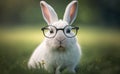 Portrait of a smiling white rabbit wearing glasses, blurred green grass background, generative AI Royalty Free Stock Photo