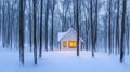 Generative ai has created a serene scene of a secluded white cabin aglow with warmth in a winter forest at twilight Royalty Free Stock Photo
