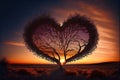 Generative AI heart shaped tree at sunset for valentine`s day