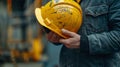 Generative AI Helmet construction Engineer team Men hands holding hardhat yellow work helmet in Civil Construction Royalty Free Stock Photo