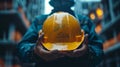 Generative AI Helmet construction Engineer team Men hands holding hardhat yellow work helmet in Civil Construction Royalty Free Stock Photo