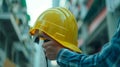 Generative AI Helmet construction Engineer team Men hands holding hardhat yellow work helmet in Civil Construction Royalty Free Stock Photo