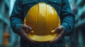 Generative AI Helmet construction Engineer team Men hands holding hardhat yellow work helmet in Civil Construction Royalty Free Stock Photo
