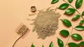 Generative AI Henna powder green leaves and comb on beige background flat lay Natural hair coloring business conce