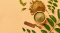 Generative AI Henna powder green leaves and comb on beige background flat lay Natural hair coloring business conce