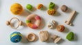 Generative AI Hep of wooden and knitting eco toys for baby activity motor and sensory development on white table t