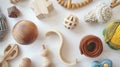 Generative AI Hep of wooden and knitting eco toys for baby activity motor and sensory development on white table t