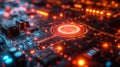 High-tech circuit board with glowing neon lights symbolizing advanced computing, data processing capabilities, and futuristic Royalty Free Stock Photo