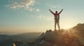 Generative AI Hiker with arms up standing on the top of the mountain Successful man enjoying triumph Sport and suc Royalty Free Stock Photo