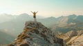 Generative AI Hiker with arms up standing on the top of the mountain Successful man enjoying triumph Sport and suc Royalty Free Stock Photo