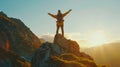 Generative AI Hiker with arms up standing on the top of the mountain Successful man enjoying triumph Sport and suc Royalty Free Stock Photo