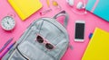 Generative AI Hipster grey leather backpack full of school supplies blank screen cell phone earphones pink yellow