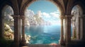 Generative AI, historic medieval stone arch windows with romantic view of sea or ocean