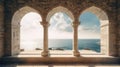 Generative AI, historic medieval stone arch windows with romantic view of sea or ocean