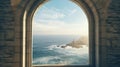 Generative AI, historic medieval stone arch windows with romantic view of sea or ocean