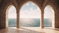 Generative AI, historic medieval stone arch windows with romantic view of sea or ocean