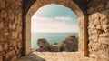 Generative AI, historic medieval stone arch windows with romantic view of sea or ocean