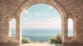 Generative AI, historic medieval stone arch windows with romantic view of sea or ocean